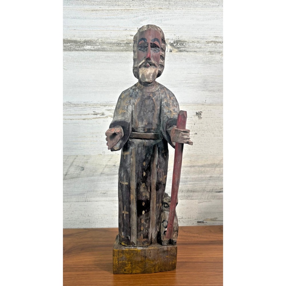 Antique Hand Carved Santos Wooden Statue of Saint Francis Polychrome 15" 19th Ce